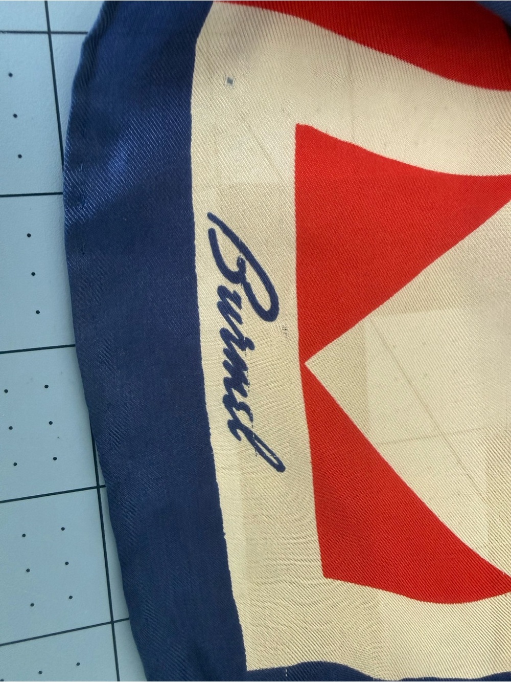 Bold Red Geometric Silk Scarf with Navy and Cream Accents - Picture 10 of 10